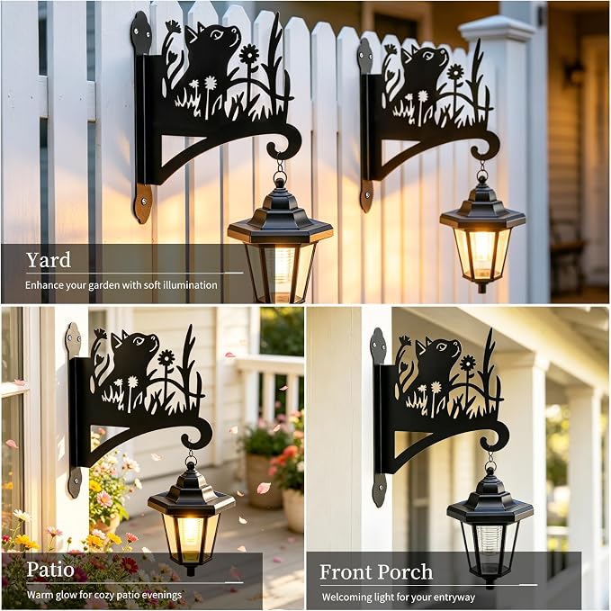 VOOKRY Solar Wall Lanterns Outdoor, Waterproof 2 Pack Hanging Lights with Cat Hooks, Wall Mount Sconce with 3 Solar Panels for Patio Porch Yard Garden Decor, Dusk to Dawn 2700K Warm White