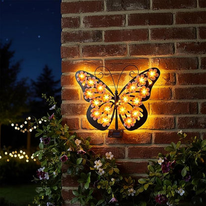 Solar Lights Outdoor Metal Butterfly Wall Decor with 30 Led - 13.5" Outdoor Fence Wall Art,Hanging Decoration for Garden Patio Porch Yard,Gifts for Women,Birthday Gifts for Mom Grandma