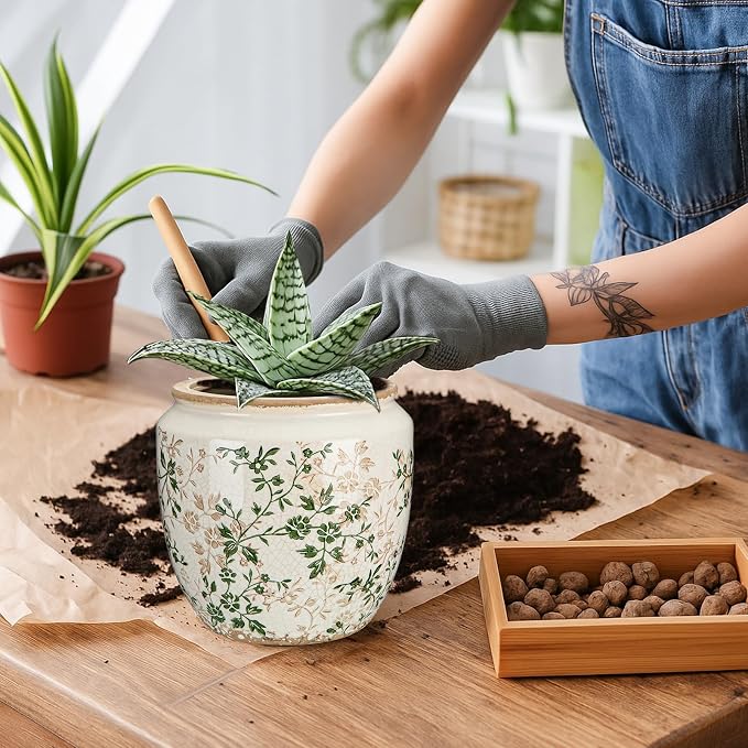 LemonRoad 7 Inch Large Vintage Ceramic Planter with Drainage Holes Ice Crackle Flower Vase Flower Pot with Rustic Greenery Pattern for Indoor Outdoor Plants Garden Home Kitchen Office Shelf Decor