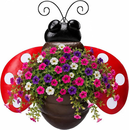 Ladybug Metal Wall Planter, Wall Mount Hanging Succulent Pot with Drainage | Cute farmhouse ladybug wall mount pot with drainage hole, garden decor for yard, indoor & outdoor succulent wall container.