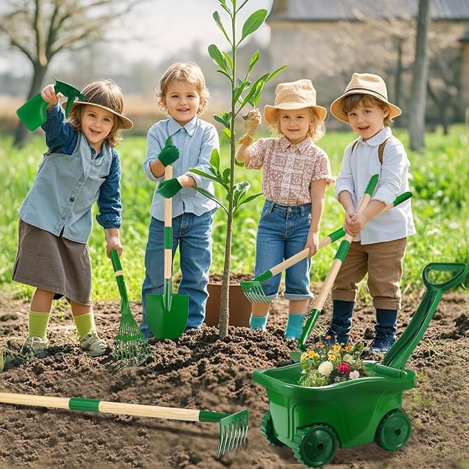 Kids Gardening Tools Set - 10Pcs Wheelbarrow Outdoor Yard Toys, Ages 3+ | Real Shovel Rake Hoe and Leaf Rake, Outdoor yard Play, Digging Weed Garden Educational Toys, Gift for Toddler Boys & Girls