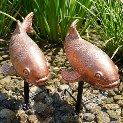 Koi Pond Decor - 2PCs Large Ceramic Bronze Antique Koi Fish Statue, Resin Real Fish Sculpture, Elegant Garden Art & Outdoor Statues for Patio