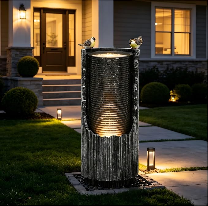 32" Cracked Jar Outdoor Water Fountain LED Bird Cascading Waterfall | 3D concrete texture, bird accents, garden patio deck,Oasis for Porch