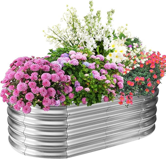 TBMLC 17" Tall Elevated Oval Metal Raised Garden Bed - 4ft x 2ft in Size and 0.8MM Thick Durable Planter Bed/Box for Vegetables Flowers Succulent at Patio/Garden Outdoor (Silver, 4X2X1.4 FT)