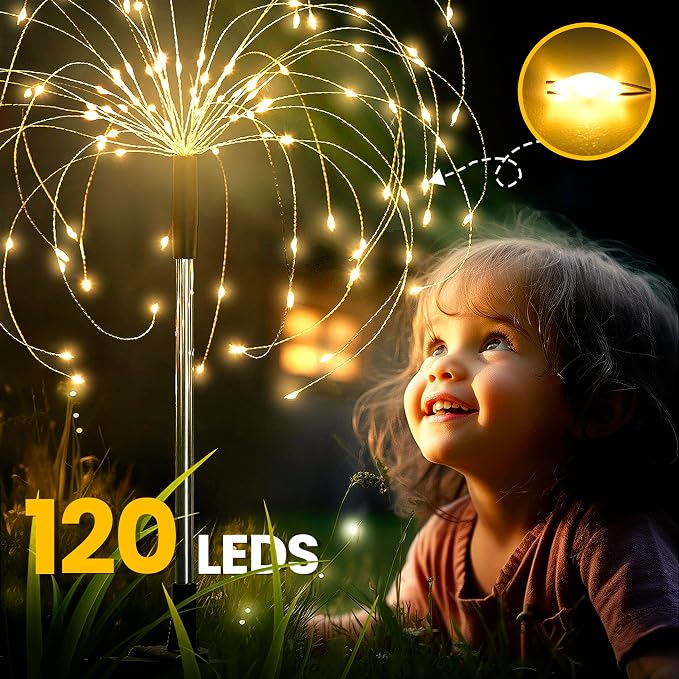 GIGALUMI Garden Decor Outdoor Lights 120LED 8Pack, Solar Garden Lights Outside Fairy Firework Decorative,Solar Powered for Yard Pathway Flowerbed Planter Balcony Patio, Gifts for mom (Warm White