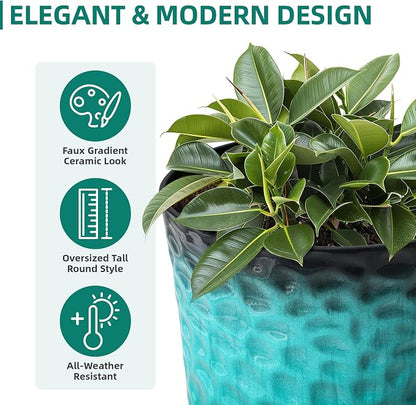 23.75" Turquoise Teal Plastic Tall Planters with Honeycomb Texture | Set of 2 PP tall planters with turquoise teal honeycomb texture, drainage plugs, and UV-treated finish for porch or patio