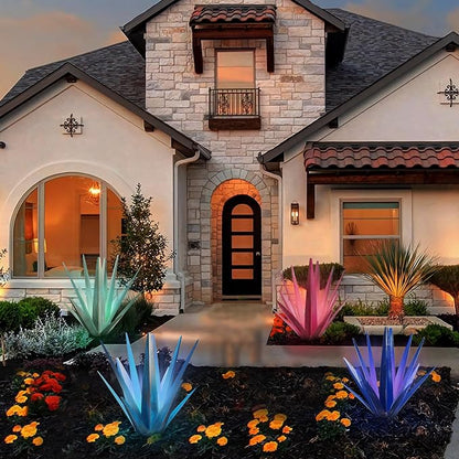 KODIBO Large Tequila Rustic Sculpture, Rustic Metal Agave Plants for Outdoor Patio Yard, Home Decor Hand Painted Metal Agave Garden Yard Statue, Outdoor Lawn Ornaments (Dark Blue - L (W/Solar Light))