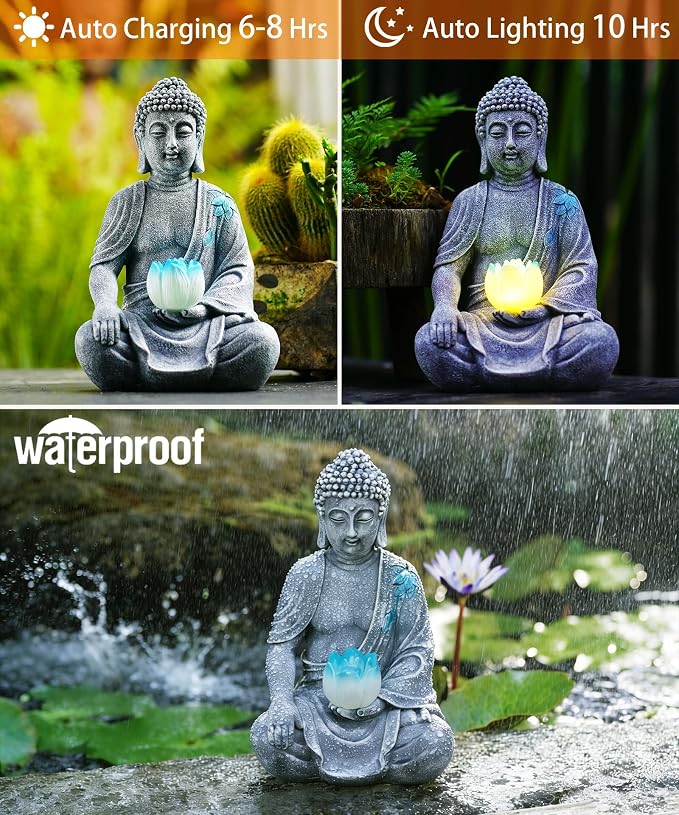 Nacome Solar Buddha Garden Statue Decor: Sitting Resin Figurine with Lotus Flower Light Zen Sculpture for Patio Lawn Yard Porch Balcony Meditation Space - 8.3 inches(Grey)