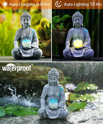 Nacome Solar Buddha Garden Statue Decor: Sitting Resin Figurine with Lotus Flower Light Zen Sculpture for Patio Lawn Yard Porch Balcony Meditation Space - 8.3 inches(Grey)