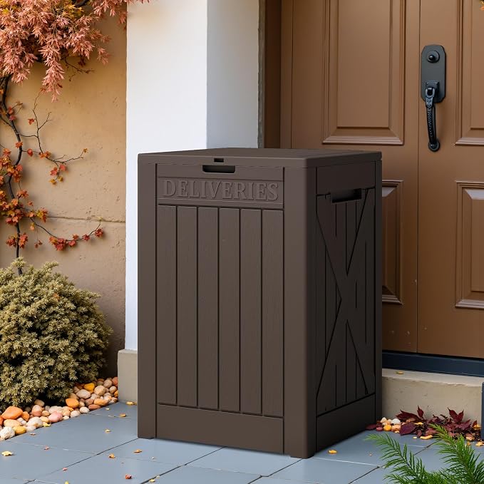 Greesum 48 Gallon Outdoor Package Delivery Box with Lock, Waterproof Secure Parcel Drop Box for Porch, Double-Wall Resin Storage, Brown