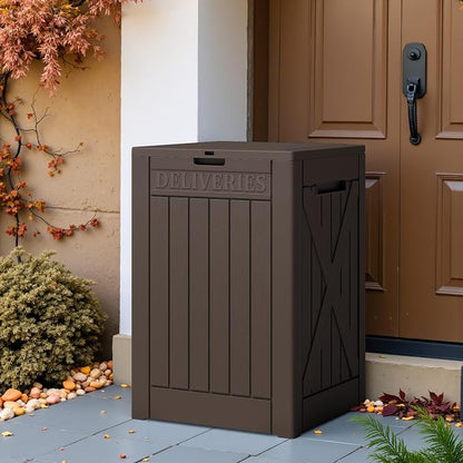 Greesum 48 Gallon Outdoor Package Delivery Box with Lock, Waterproof Secure Parcel Drop Box for Porch, Double-Wall Resin Storage, Brown