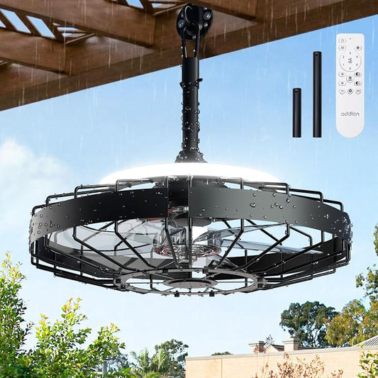 addlon 20 Inch Outdoor Ceiling Fan with Light for Patio, IP65 Waterproof Plug in Caged Hanging Fan, Remote Control, 3000-6000K Dimmable, 6 Speeds Reversible Outdoor Fan for Gazebo, Pergola, Porch
