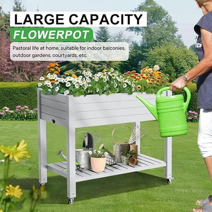 PatioZen Raised Garden Bed, 33.66" Tall Self-Watering Resin Planter Box with Legs & Lockable Wheels Drainage Plug and Gauge for Flowers, Vegetables, Storage Shelf for Tools and Accessories Ashen
