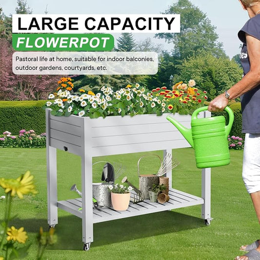 PatioZen Raised Garden Bed, 33.66" Tall Self-Watering Resin Planter Box with Legs & Lockable Wheels Drainage Plug and Gauge for Flowers, Vegetables, Storage Shelf for Tools and Accessories Ashen