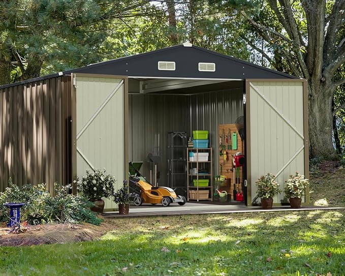 Greesum 10 x 10 FT Metal Outdoor Storage Shed, Brown | Waterproof Weather Resistant Utility Tool House with Lockable Door for Patio, Garden & Lawn Storage