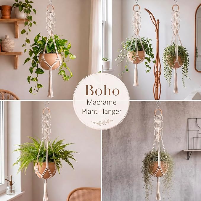 Shappy 1 Pack Boho Macrame Plant Hanger, Large Hanging Planter Plant Holder Pot Hanger Hanging Basket Wall Planters, Plants Lover Gift for Indoor Garden (Wooden Ring Macrame,Cream)