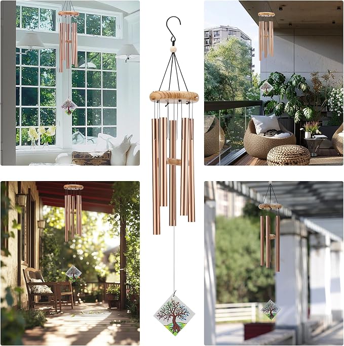 Solar Wind Chimes Outdoor with Glass and Copper (Square Life Tree) | Solar Powered, Garden Decor, Patio Decor, Glass and Copper, Outdoor Use
