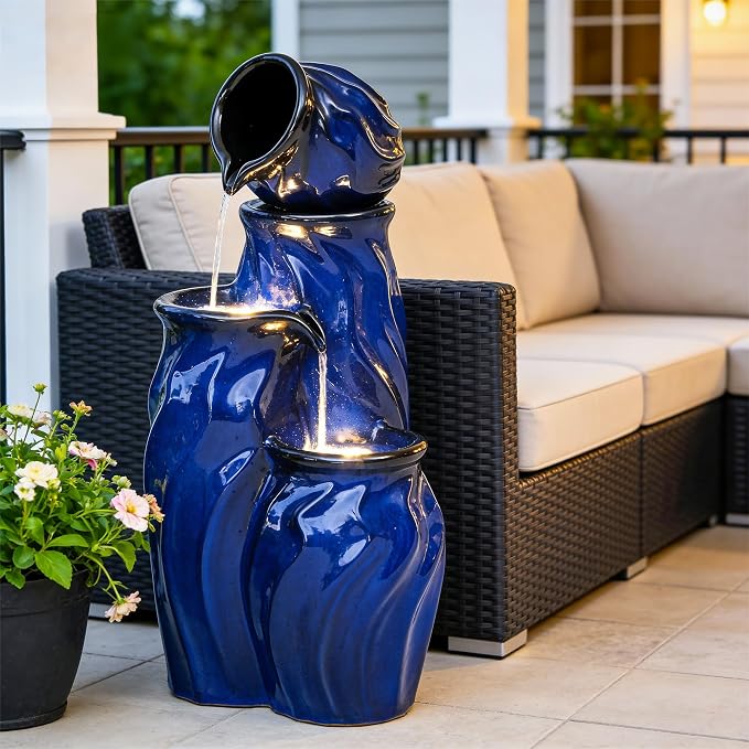 29" Ceramic Water Fountain Outdoor, 4-Tier Dynamic Wavy Design, LED | Outdoor Fountain with Artistic Cobalt Blue Glaze, Decorative Water Feature, Cascading Waterfalls for Serene Garden Patio Yard