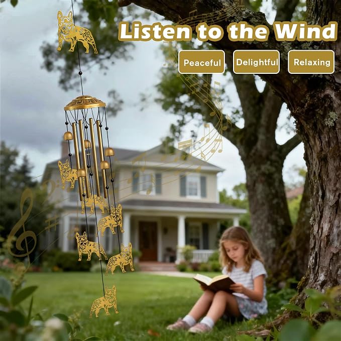 Wind Chimes Outdoor, French Bulldog Tube with S Hook Chime Garden Decor | Housewarming & Mother’s Day Gifts for Women Mom, Outdoor Metal Bulldog Wind Chimes, Decor for Patio Porch Backyard Garden