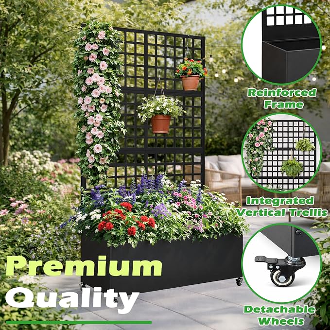 Metal Raised Garden Bed with Grid Trellis and Wheels, 43” L x 16” W x 71” H Privacy Screen for Climbing Plants, Metal Planter Box with Drainage Holes, Black