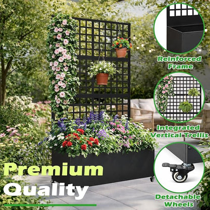 Metal Raised Garden Bed with Grid Trellis and Wheels, 43” L x 16” W x 71” H Privacy Screen for Climbing Plants, Metal Planter Box with Drainage Holes, Black