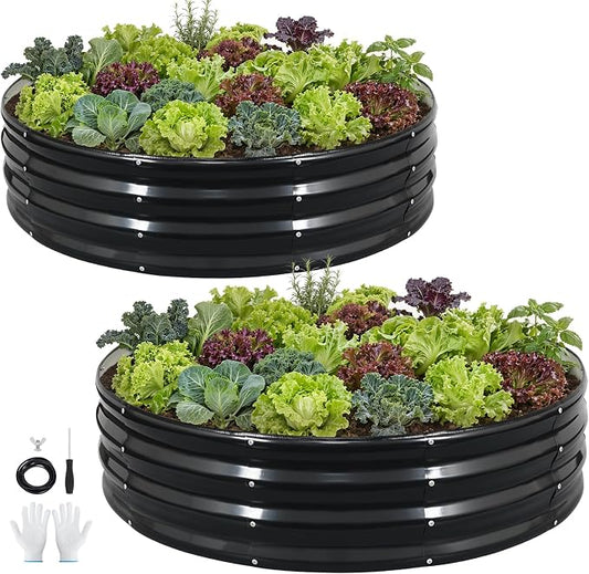 Galvanized Raised Garden Bed Outdoor 2Pcs | 4x4x1ft Metal Raised Beds for Gardening with Safety Rubber Strip | Round Planter Box for Plants Like Vegetables Fruits Flowers, Grey