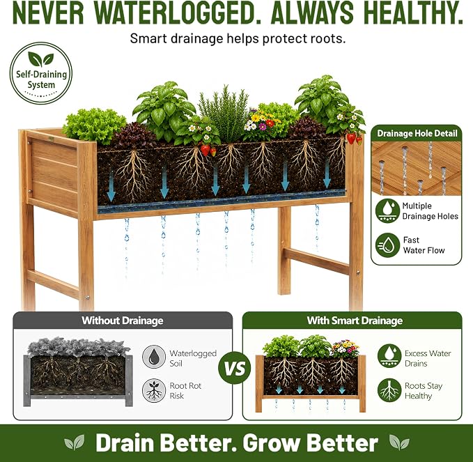 YEFU 48" Raised Garden Bed with Legs, HIPS Outdoor Garden Bed, Teak | Raised Garden Bed with Legs for Patios & Decks, 30" Height, Wood-Look HIPS, Drainage, 385 lbs Support for Vegetables & Herbs