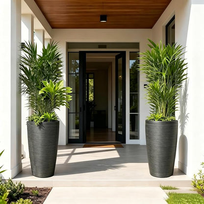 Autodaya 22.8" Tall Black Brushed Resin Planters Set of 2 | High-Density Resin Pots with Drainage Hole For Patio, Garden, Porch, Living Room, Indoor or Outdoor Use, and Gifting