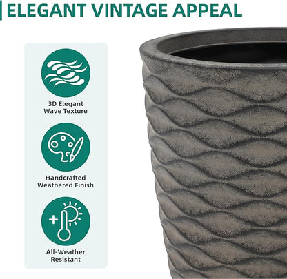 Autodaya 20" Tall Wave-Textured Resin Planters Set of 2 with Drainage Holes | High-Density Weather-Resistant Resin Pots for Indoor and Outdoor Plants, Patio, Garden, Porch, Living Room, Ideal for Gifting