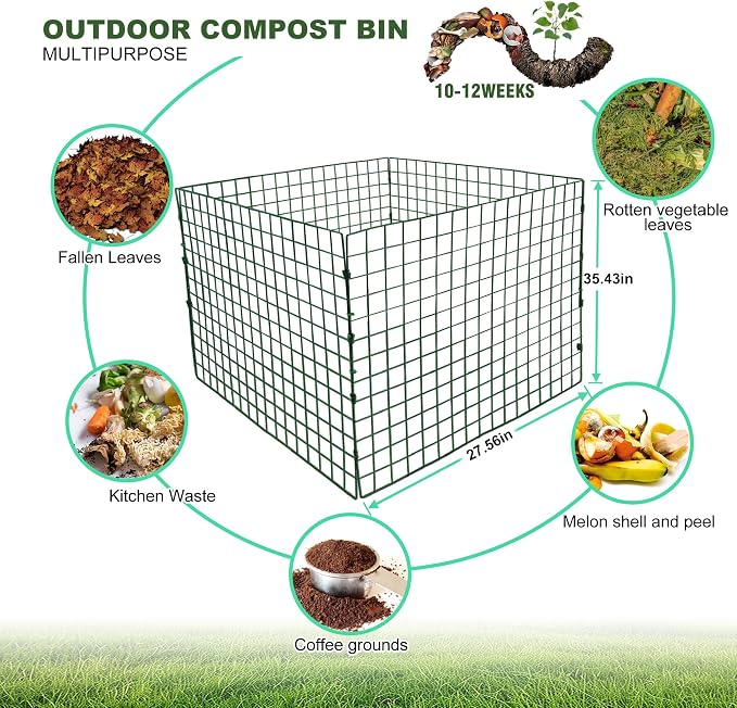 Large Compost Bin Outdoor, Square Mesh Garden Wire Compost Bin for Stacking Leaves and Yard Waste Green 36X36X28 Inches