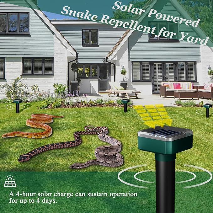 Snake Away for Outdoors, Solar Powered Snake Repellent for Yard - Sonic Snake Deterrent, Waterproof & Pet Safe for Garage, Lawn, Home Use (4)