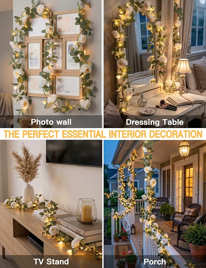 suddus Flower Garland with White Camellia Fairy Lights Indoor, 60 LED Vines String Lights Battery Operated with Remote, Artificial Fake Flowers Leaf Lights for Wedding,Bedroom,Centerpieces,Arch Decor