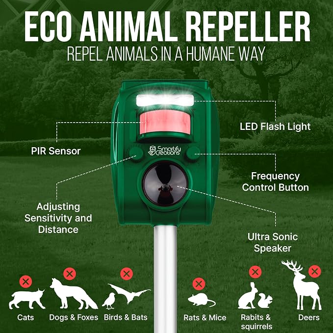 New 2026 Solar Deer Repellent Device Outdoor – Solar Animal Repeller for Outside – Rainproof Solar Rodent Repellent – Outdoor Animal Deterrent for Deers, Cats, Dogs, Mice, Birds