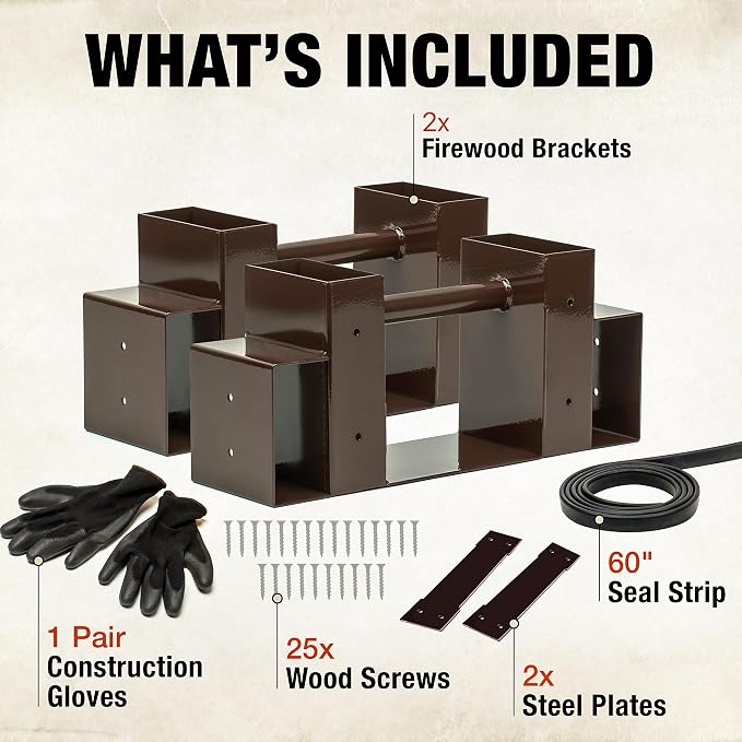 TIDYBOSS 2 Pack Firewood Rack Outdoor | 2x4 Brackets for Wood | Lumber Storage Rack Log Holder | Adjustable to any Length with Seal Strip, Gloves, Steel Plates and Screws (Dark Brown)