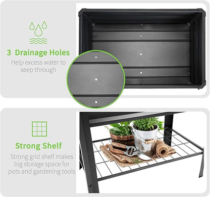 Raised Garden Bed with Legs and Shelf, 2pcs 32"x20"x31.5" Powder Coated Elevated Metal Planter with Legs for Outdoor Vegetables, Standing Raised Beds for Balcony, Patio, Lawn and Backyard
