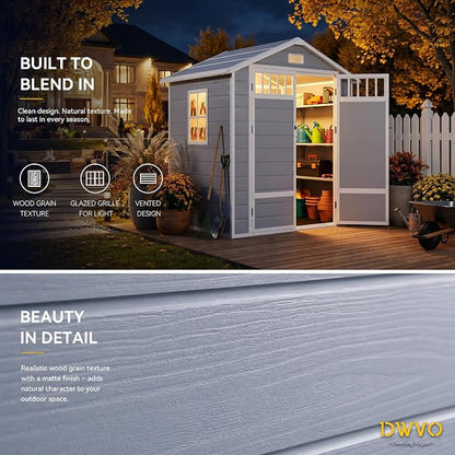 DWVO 6x4.4 FT Outdoor Storage Shed with Fence-Style and Side Windows, Lockable Door and Vents, Resin Storage Shed, Tool Shed for Garden Backyard Patio Lawn