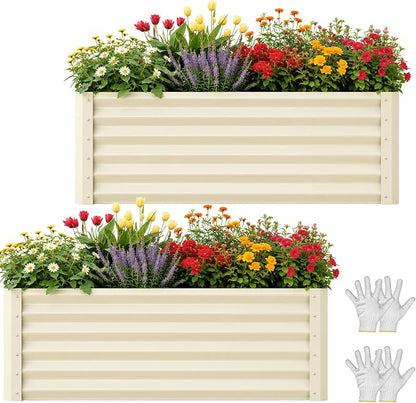 YITAHOME 2pcs 6x3x2ft Galvanized Raised Garden Bed, Metal Planter Box with Safety Rubber, Gloves, Outdoor Flower Bed for Planting Plants Vegetables, Cream Yellow