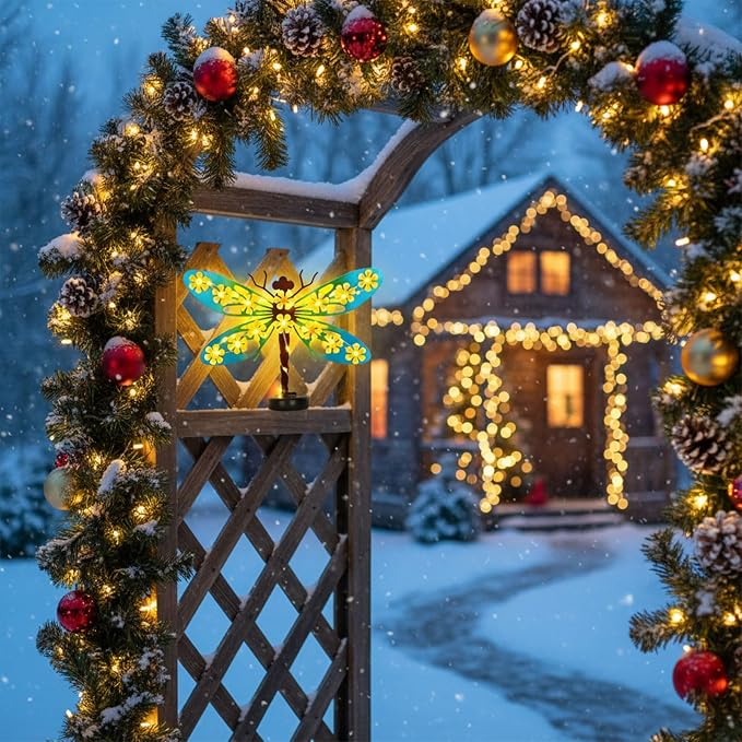 Metal Dragonfly Outdoor Wall Decor with 30 Led Solar Lights- 13.9" Outdoor Fence Wall Art Decor, Gift for Mom Grandma Women Birthday Gardening,Hanging Decoration for Garden Patio Porch Yard
