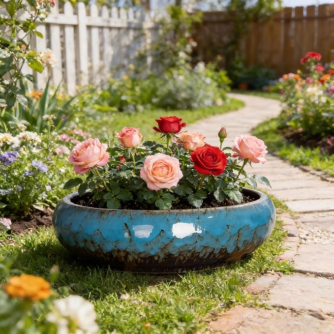 Succulent Pots, 10 Inch, Shallow Planter with Drainage for Succulent Planters, Bonsai Pots & Cactus Pots, Plant Pots, Ceramic Planters for Indoor Plants - Perfect for Home Offie Garden Decor, Blue