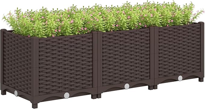Outsunny Plastic Raised Garden Bed, 47.2" x 15.7" x 14.6" Outdoor Planter Box with Drainage Holes for Garden, Patio, Balcony, Deck, Brown