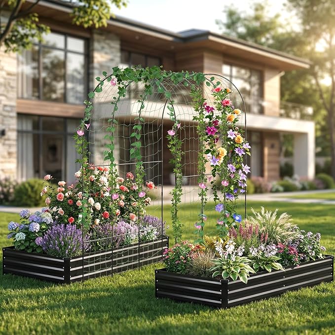 DTIG Galvanized Raised Garden Bed with Trellis, 6×3×1 FT 2 Pack Outdoor Garden Bed, Upgraded 4×3 Support, Black