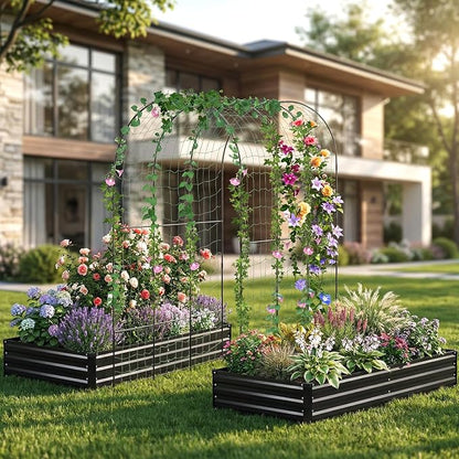 DTIG Galvanized Raised Garden Bed with Trellis, 6×3×1 FT 2 Pack Outdoor Garden Bed, Upgraded 4×3 Support, Black
