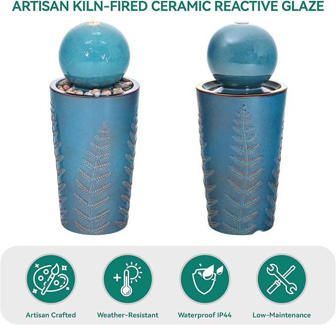 29.5" H Ceramic Sphere Water Fountain with LED Light, Modern Nature-Inspired Design, Teal Blue Glaze with Leaf Patterns & Decorative Pebbles, Soothing Water Feature for Patio, Yard or Garden