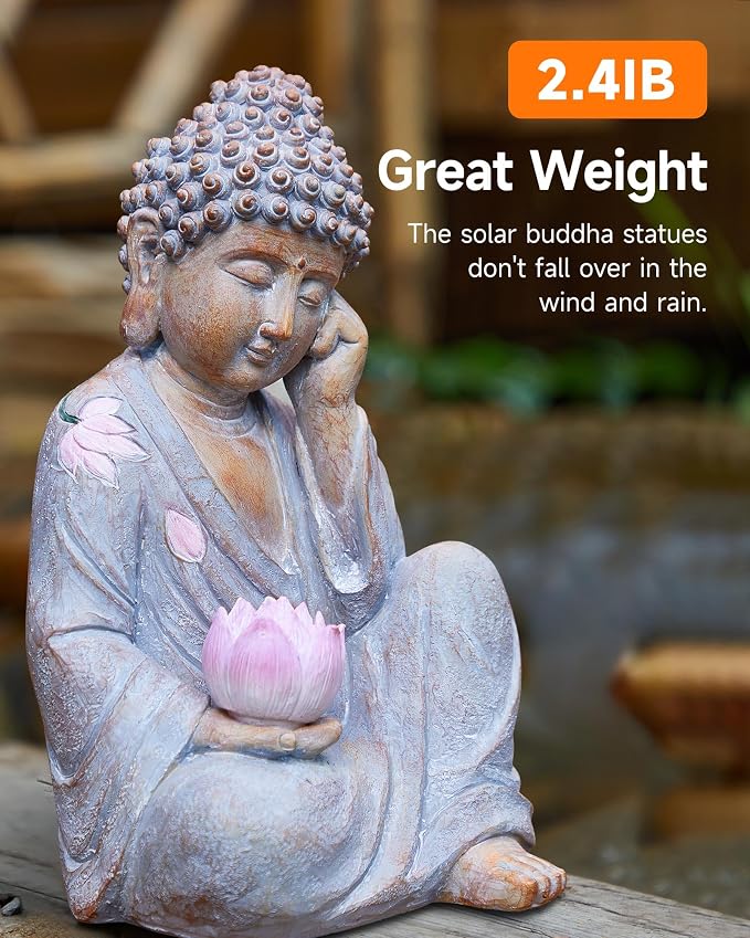 Buddha Statue Outdoor with Lotus Flower Light, IP65 Waterproof Solar Statue Lights, Outdoor Statues for Garden, Zen Decor for Garden, Home, Patio, Lawn