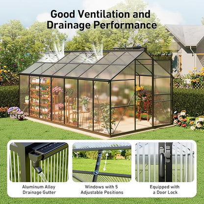 8x14FT Walk-in Greenhouse with Hygrometer,Polycarbonate Green House with UV Protection, Heavy Duty Greenhouse with Windproof Aluminum Frame, Roof Vent & Quick-Install Design