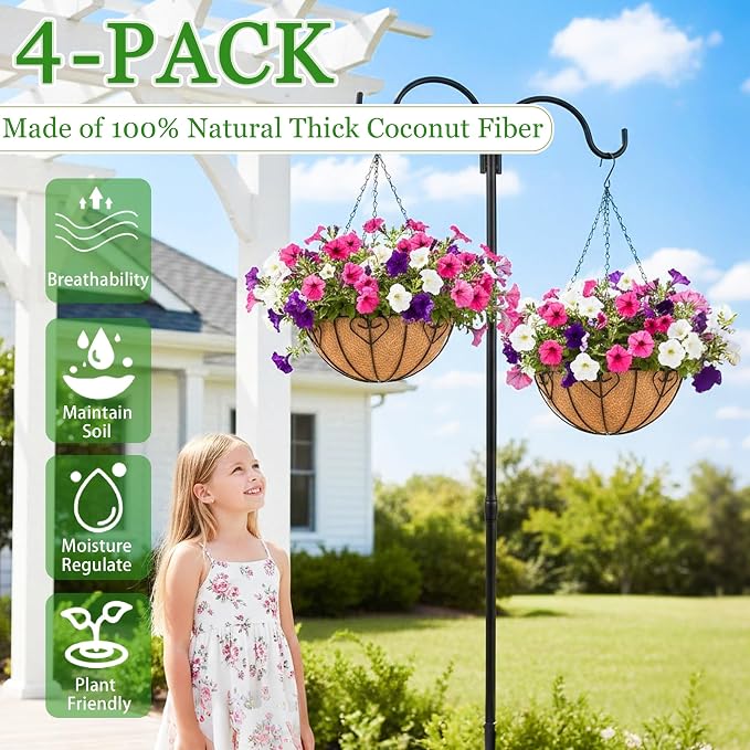 Hanging Planters for Outdoor Plants 4 Pack 14 inch Metal Hanging Flower Basket with Coco Coir Liner Wire Plant Holder Watering Flower Baskets Pot Hanger Garden Decoration for Indoor Outdoor(AXL)
