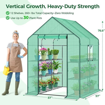 Ohuhu Greenhouse for Outdoors with Screen Windows, 57 x 57 x 76'' Walk in Plant Greenhouses Heavy Duty with Durable PE Cover, 3 Tiers 12 Shelves Stands Plastic Portable Green House with Shelf Clips