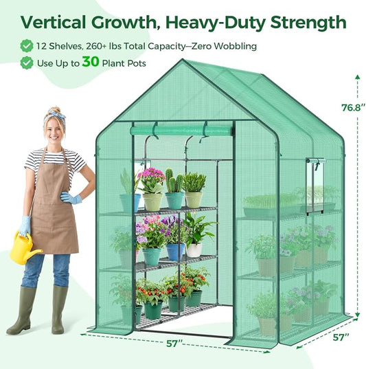 Ohuhu Greenhouse for Outdoors with Screen Windows, 57 x 57 x 76'' Walk in Plant Greenhouses Heavy Duty with Durable PE Cover, 3 Tiers 12 Shelves Stands Plastic Portable Green House with Shelf Clips