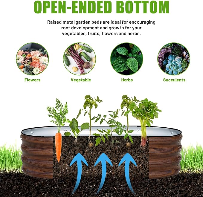 SnugNiture Galvanized Raised Garden Bed Outdoor, 4 Pcs 4x2x1ft Oval Metal Planter Box for Planting Plants Vegetables, Brown