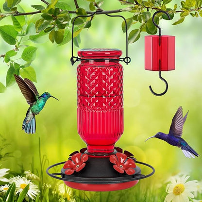 FEED GARDEN Glass Hummingbird Feeder for Outdoors Hanging, 16 oz Leak-Proof Nectar Feeder with Bee Guards & Ant Moat, 4 Metal Flower Feeding Ports, 360° Perch Ring, Easy Refill & Clean, Red